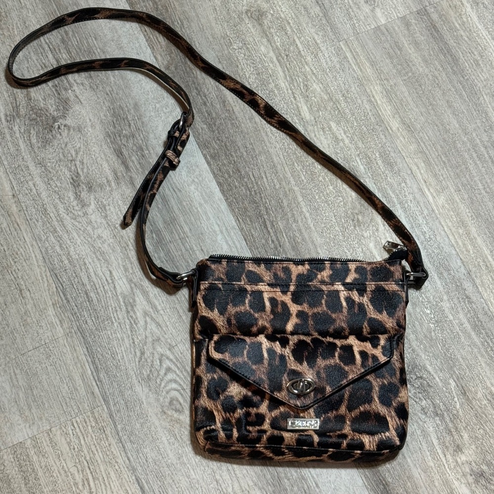 Carlos‎ Santana Leopard Print Crossbody Bag Silver Hardware Turn Lock Closure